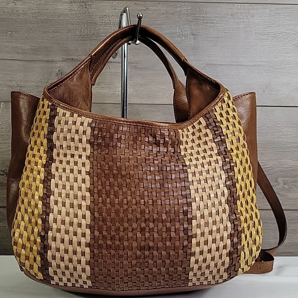 Made in India Brown and Yellow Woven Leather Tote Crossbody Bag